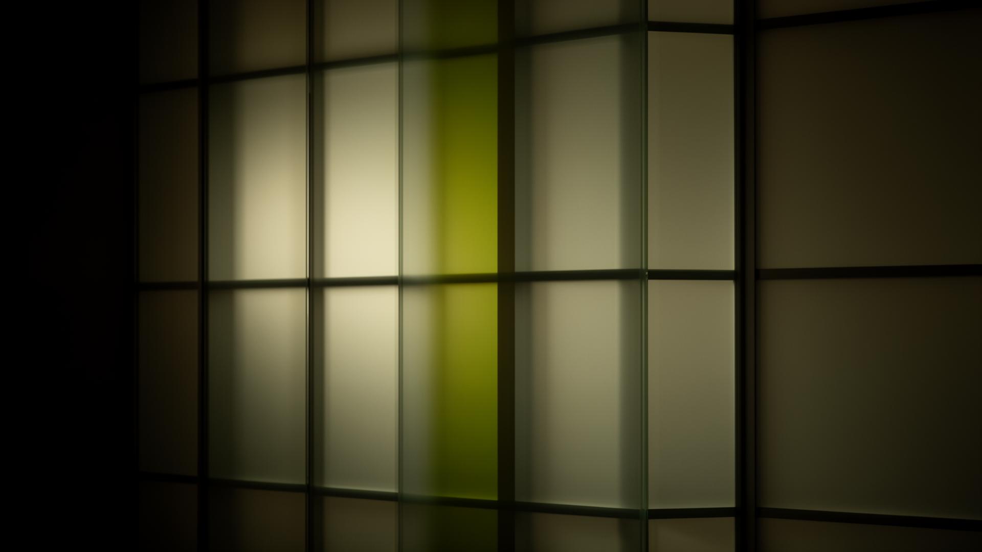 Painéis de vidro translúcidos atravessados por luz suave com um acento verde-oliva, representação abstrata da inteligência artificial.