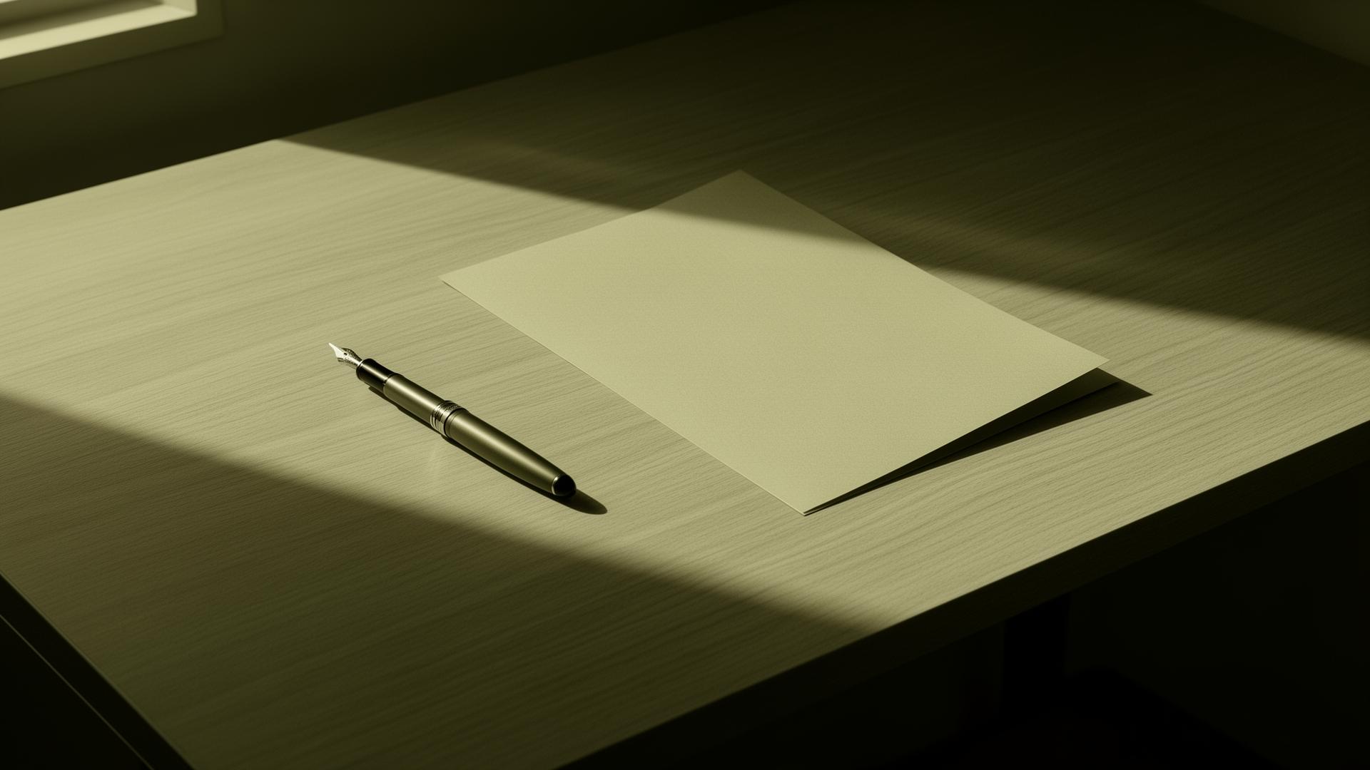 Mesa de madeira limpa com uma caneta-tinteiro e uma folha de papel sob luz lateral suave, simbolizando organização e foco.